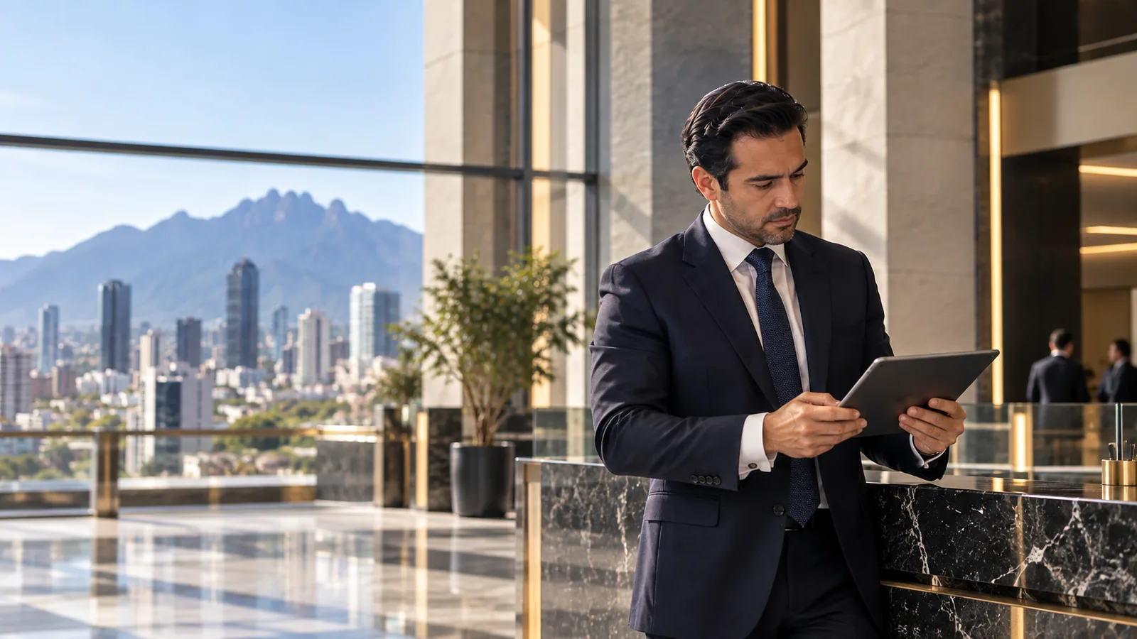 Imagen ilustrativa de un profesional consultando información en un edificio institucional